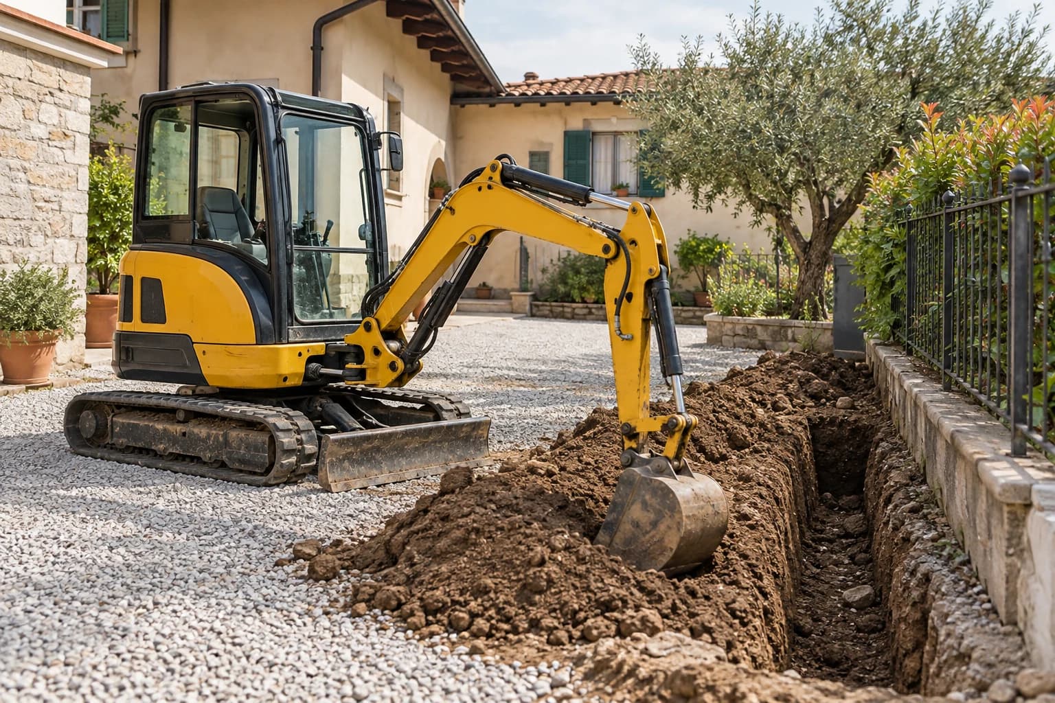 Immagine illustrativa: miniescavatore accanto a una trincea in un cortile residenziale