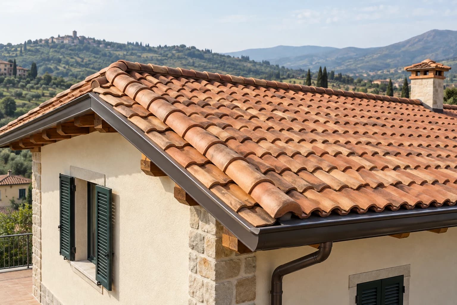 Immagine illustrativa: copertura in tegole di terracotta con grondaia e finiture del tetto
